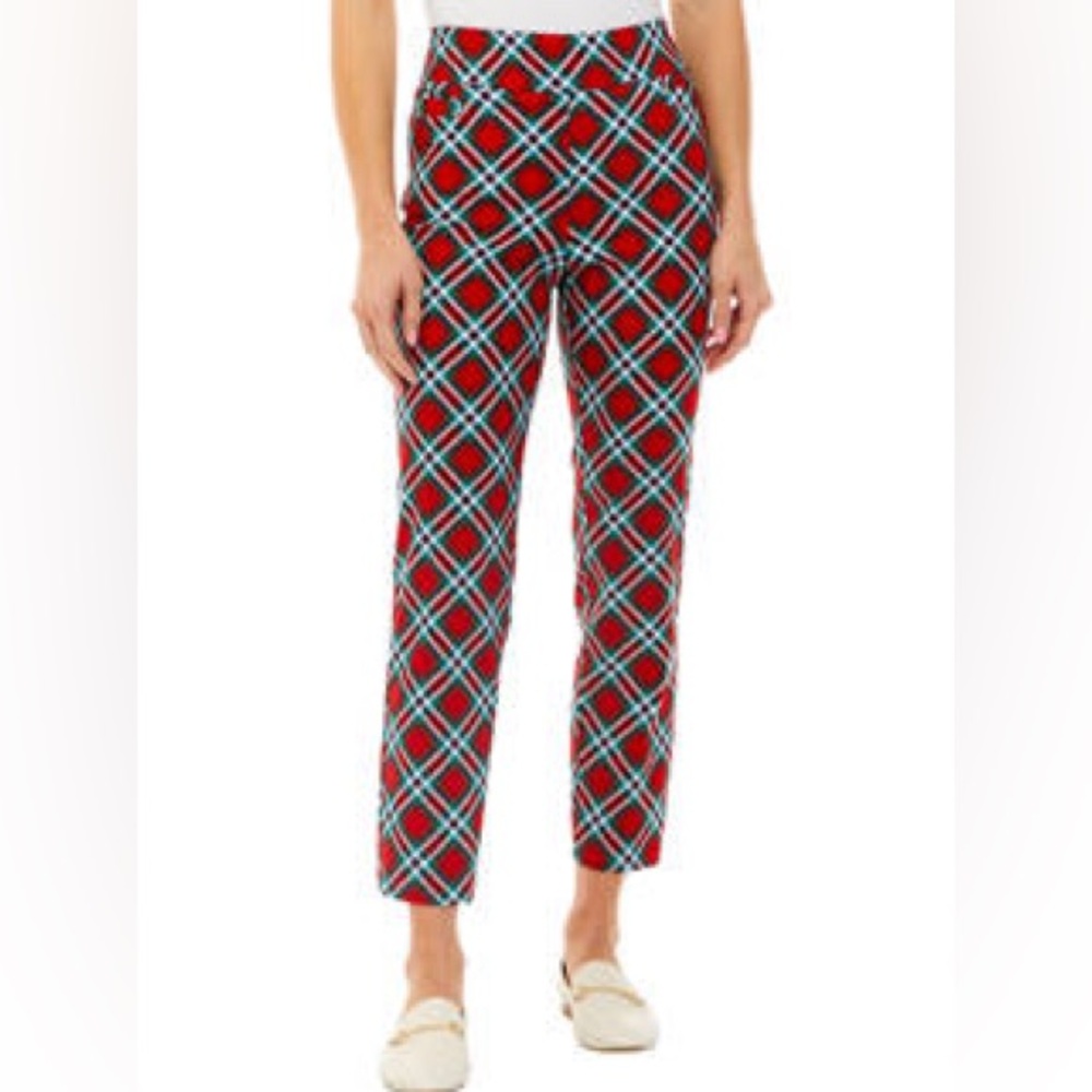 🎄✨ Kim Rogers Red Tartan Plaid Slim Ankle Pants – Size 16PS ✨
